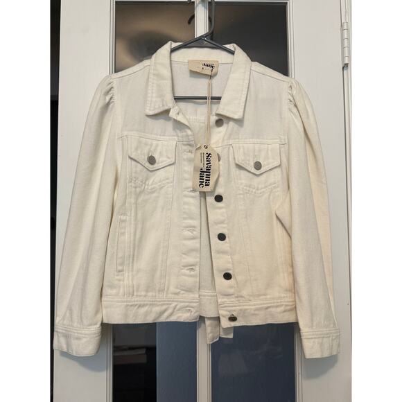 Savanna Jane white puff shoulder 3/4 sleeve denim jacket  small NWT - Picture 2 of 10